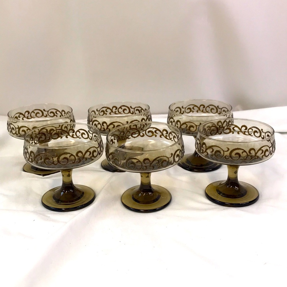 6 Vintage MCM Brown Libbey Prado Empire Scroll Champagne Coupes Sherbet Glasses